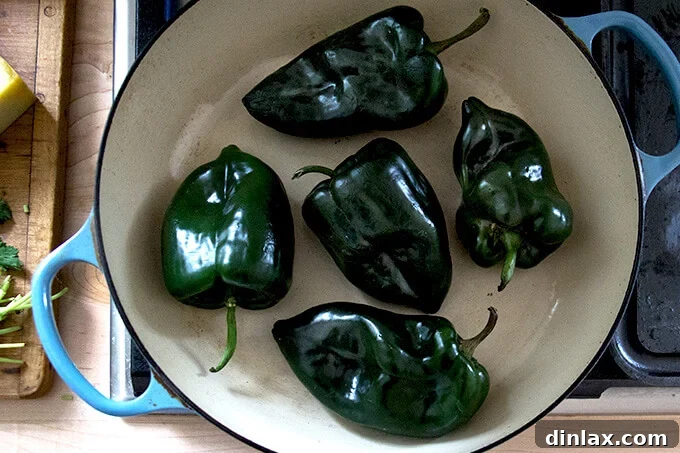 Poblano peppers are blistered and charred in a hot, dry skillet on the stovetop, developing a smoky flavor and tender texture.
