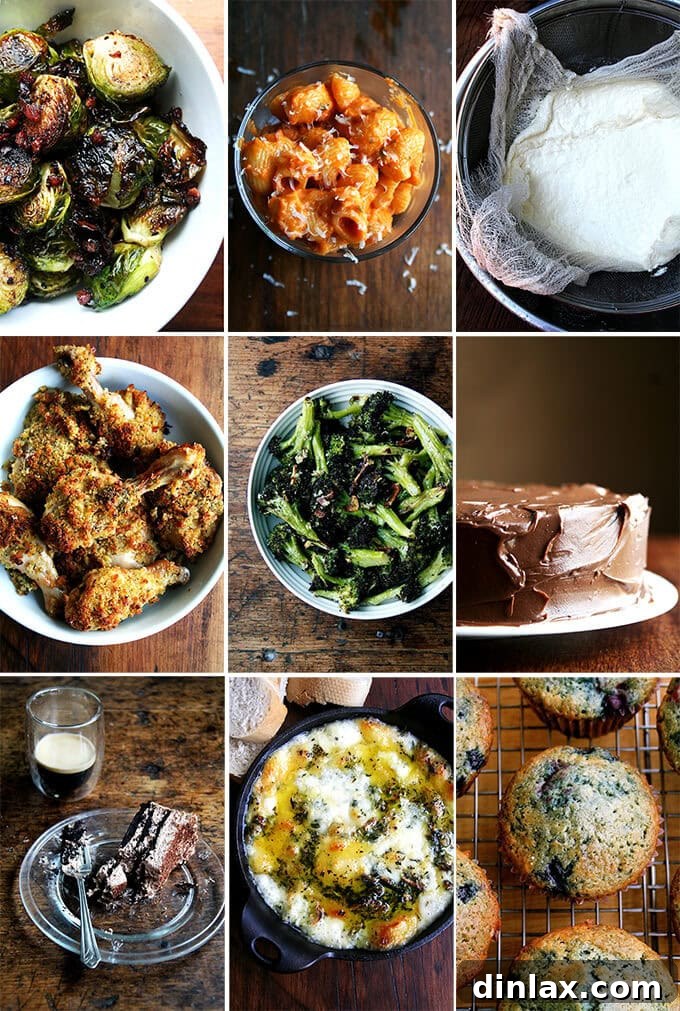 A montage of images depicting Ina Garten recipes, including roasted vegetables, chocolate cake, and pasta.
