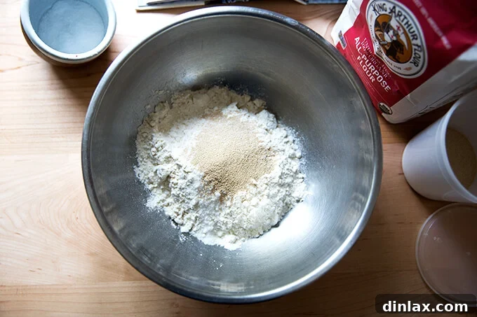 Chinese Steamed Scallion Twists 3 A bowl with flour, salt, and yeast, ready for the wet ingredients.