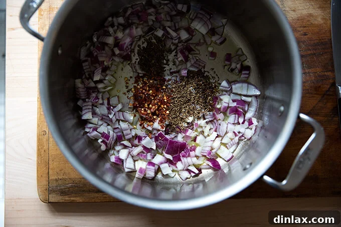 Hearty Black Bean Soup 6 A pot on the stovetop filled with olive oil, diced red onion, whole cumin seeds, and crushed chili flakes, gently cooking to build the soup's flavor base.