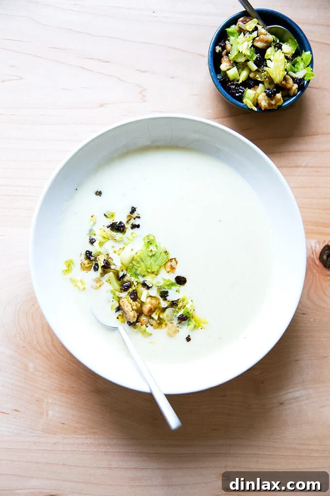 An overhead shot of a rustic bowl of cream of celery soup, without a bread bowl, still beautifully garnished with the crunchy walnut-currant salsa and fresh greens.