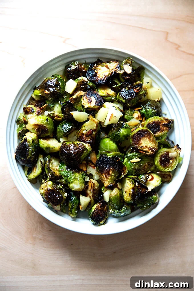 A bowl of roasted Brussels Sprouts with Almonds, Manchego, and balsamic, garnished and ready to serve.