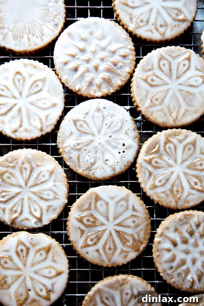 Brown Butter Muscovado Stamped Christmas Cookies 2 Stamped spiced brown butter muscovado cookies with maple glaze on a cooling rack.