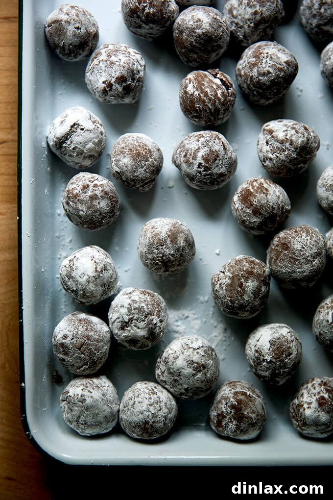 Quick and Boozy Holiday Rum Ball Delight 12 A freshly made tray of rum balls, perfectly coated in confectioners' sugar, ready for chilling.