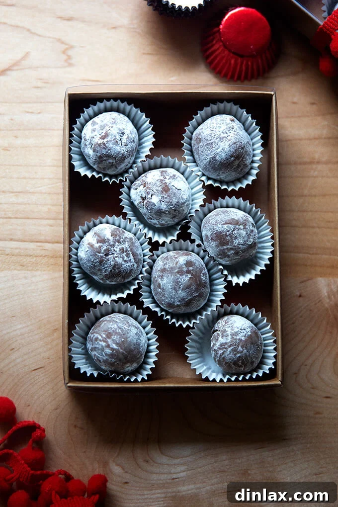 Quick and Boozy Holiday Rum Ball Delight 16 A box filled with neatly arranged rum balls, each in its own mini liner, ready for gifting.