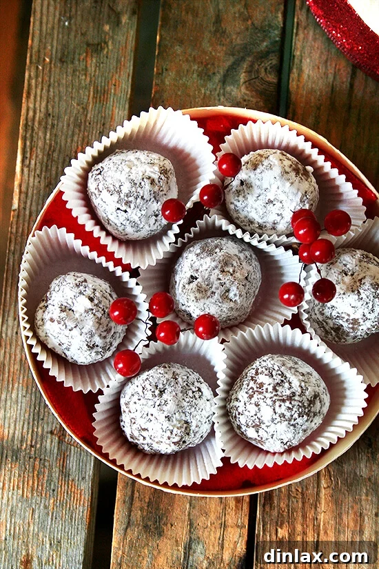 Rum balls are delicious. They are perfect for a crowd. They are perfect as a gift. They are perfect little bites of boozy goodness. I can’t think of a more perfect treat to have on hand this time of year. // alexandracooks.com A tin full of freshly made rum balls, dusted with powdered sugar, ready to be enjoyed or gifted.