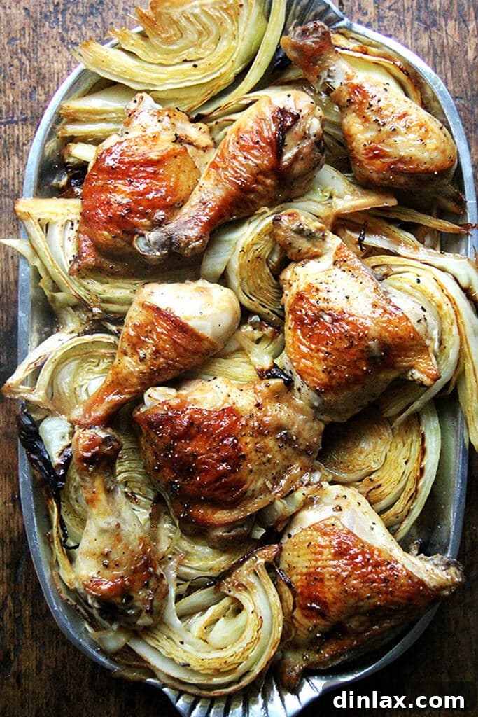 Golden Roast Chicken with Caramelized Cabbage 2 How to make sheet pan roast chicken and cabbage.