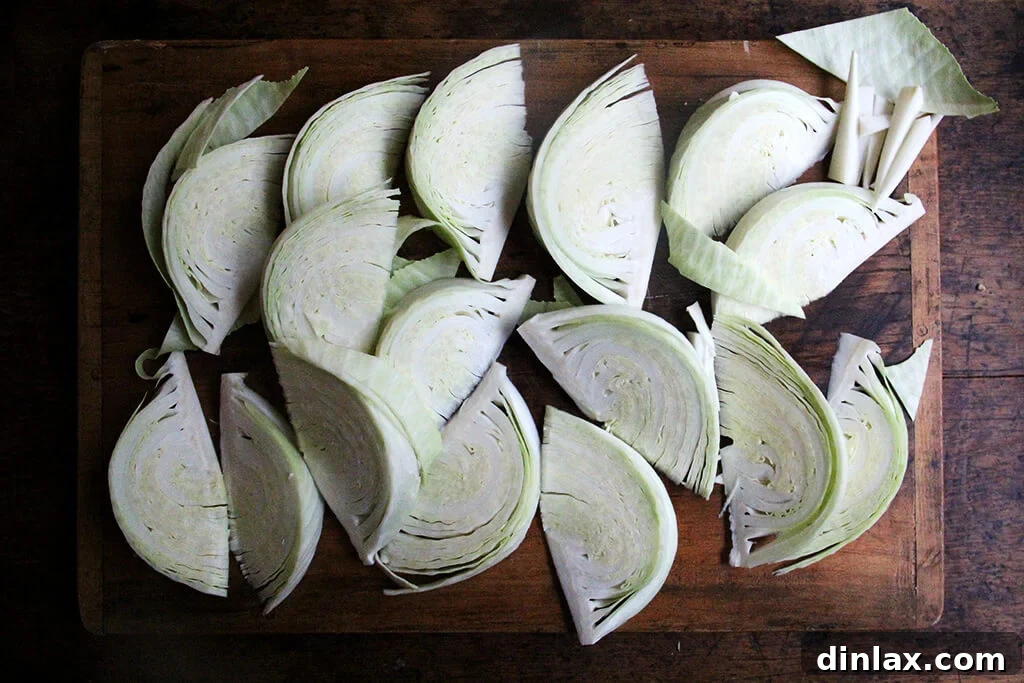 Golden Roast Chicken with Caramelized Cabbage 3 A board of cut cabbage wedges.