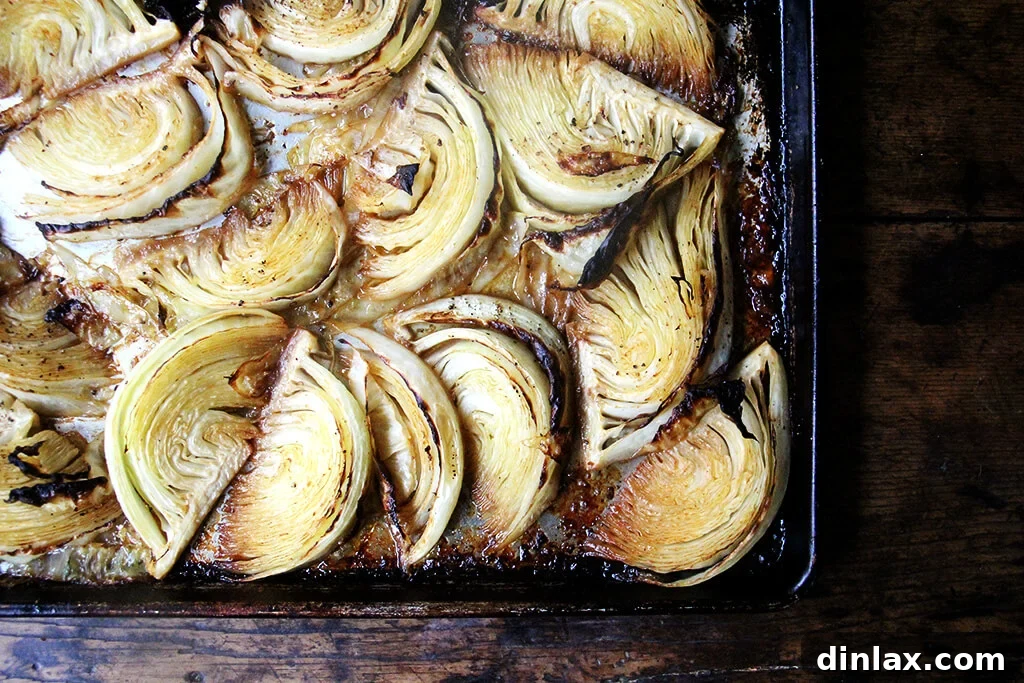 Golden Roast Chicken with Caramelized Cabbage 7 A sheet pan of roasted cabbage wedges.