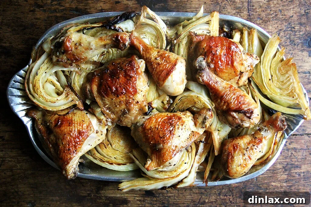 Golden Roast Chicken with Caramelized Cabbage 9 A platter of sheet pan roast chicken and cabbage.