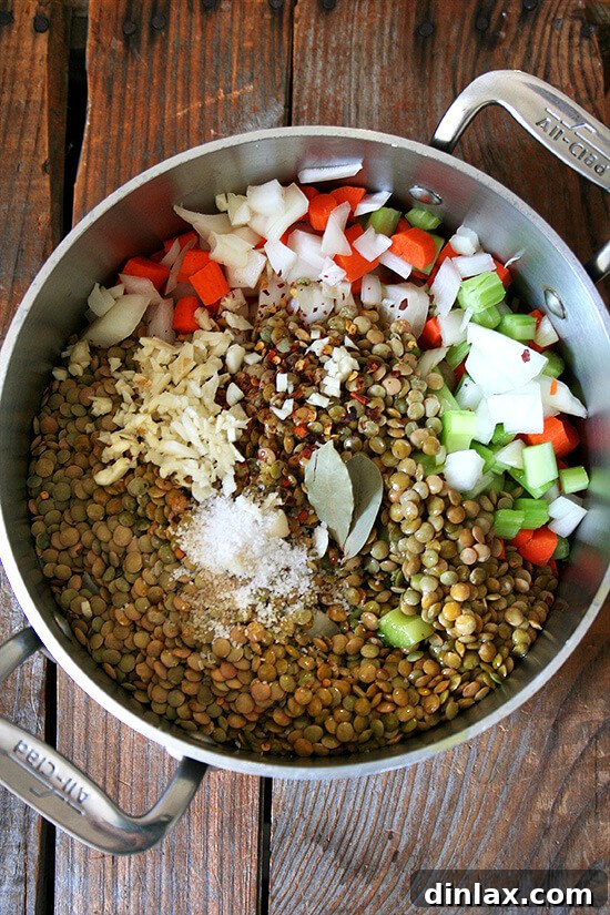 Uncooked lentil soup ingredients in a large, heavy-bottomed pot, before simmering. A colorful mix of vegetables, French green lentils, and liquid, ready to be cooked into a comforting vegan soup. alexandracooks.com