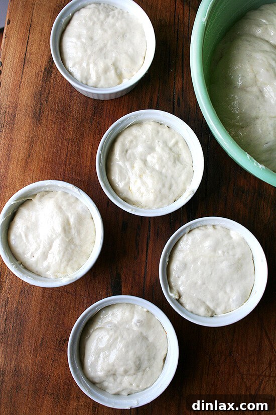 Several beautiful, golden-brown individual mini bread loaves baked in ceramic ramekins, showcasing a delightful rustic texture and crust, perfect for serving with soup. alexandracooks.com