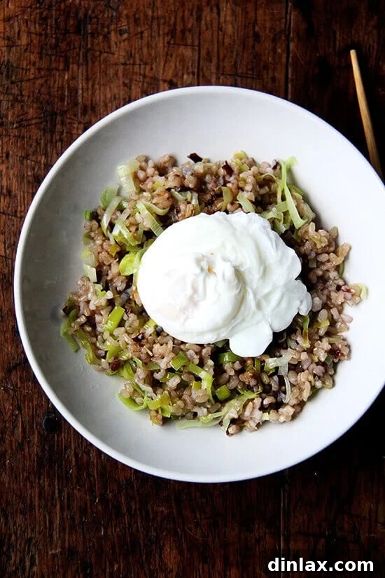 Ginger fried rice served with a poached egg on top.