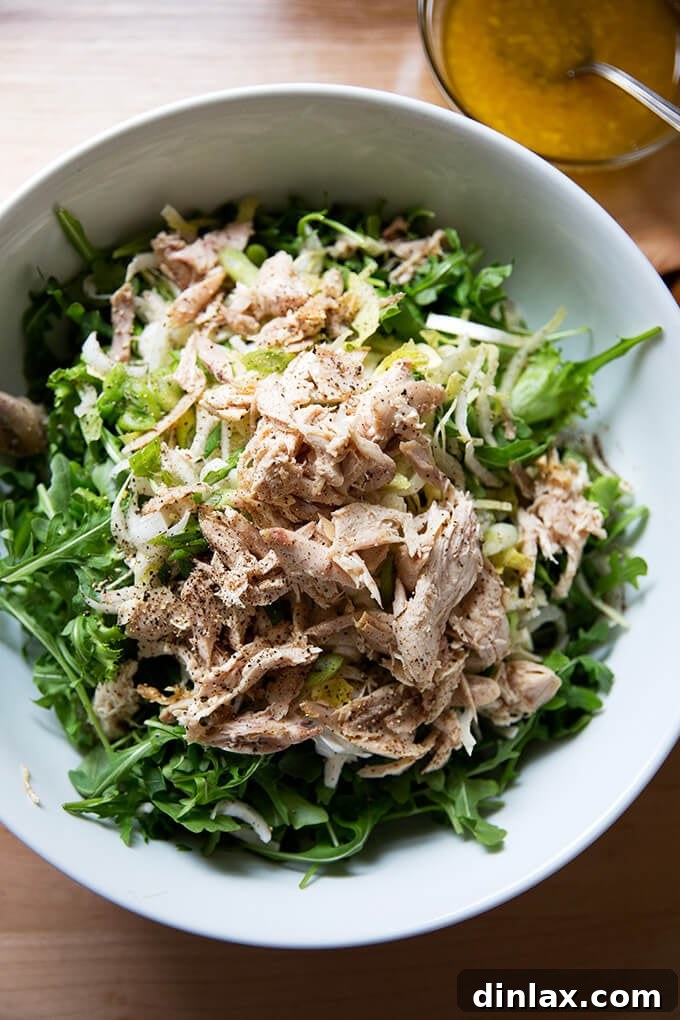 Close-up of Roast Chicken Arugula Salad with Shallot Vinaigrette
