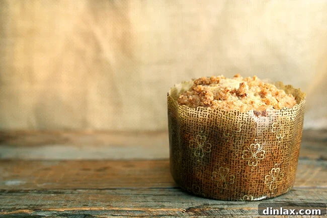 coffeecake muffin A close-up of a single coffeecake muffin, beautifully browned and topped with streusel, nestled in its decorative paper liner, highlighting its inviting texture.