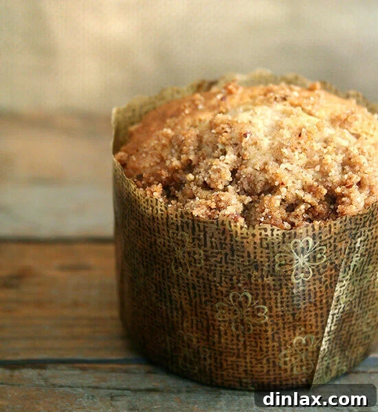 A coffeecake muffin on a table, showcasing its golden streusel topping and inviting texture, ready to be enjoyed.