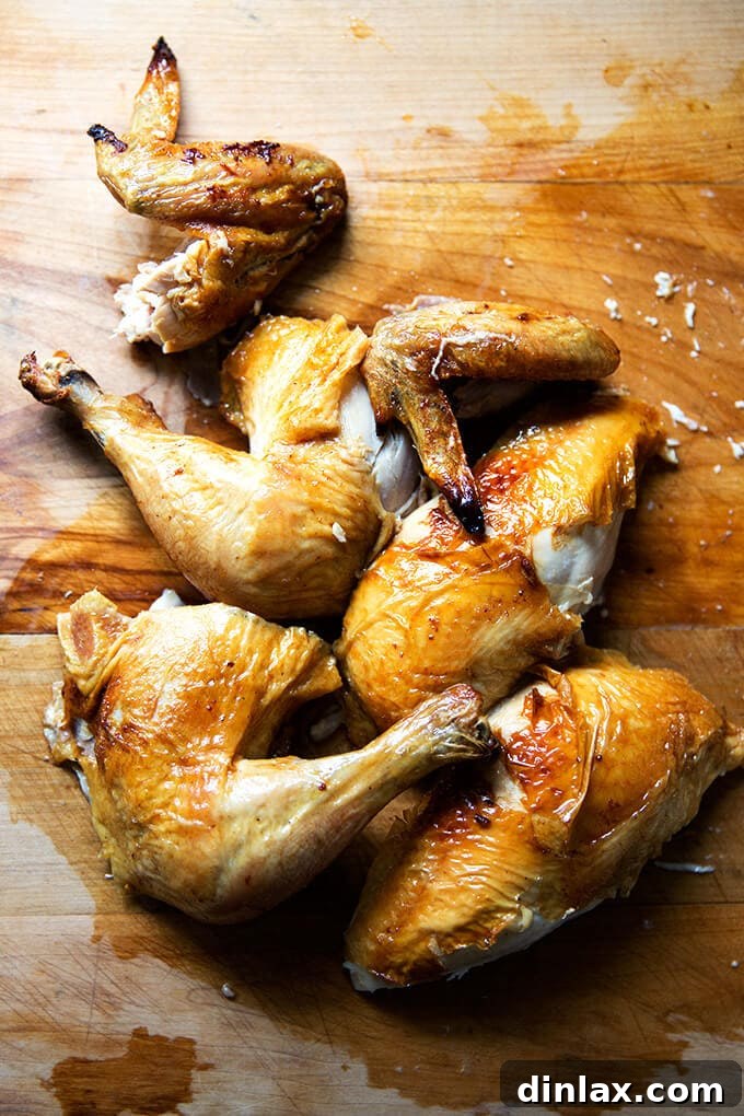 A perfectly carved whole roasted chicken, showcasing its golden-brown, crispy skin and juicy meat.