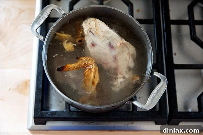 A chicken carcass and bones in a 4-quart pot, covered with water, ready for making stock.