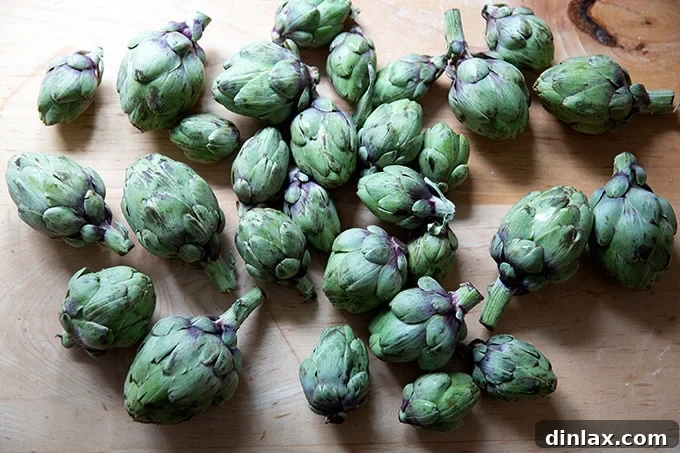 A countertop topped with a couple of pounds of fresh, vibrant green baby artichokes, ready for preparation.