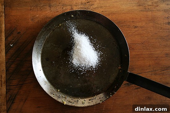 Salt in pan for cleaning Kosher salt generously poured into a skillet, preparing for the dry cleaning and seasoning process.