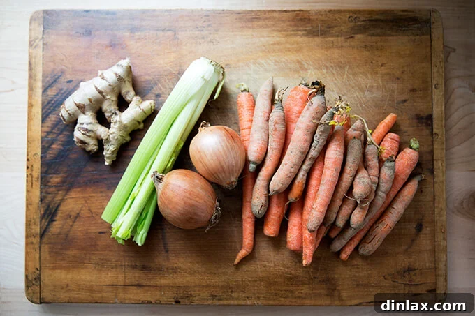 Curried Carrot Ginger Coconut Bliss 3 Fresh ingredients for vegan carrot-ginger soup with curry and coconut milk, including carrots, ginger, onion, celery, and spices.