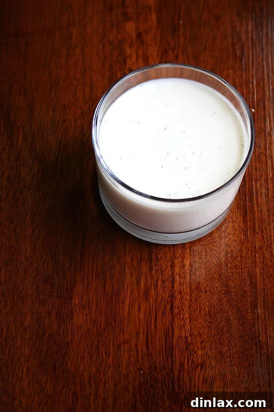 Close-up of creamy buttermilk panna cotta, showcasing vanilla bean speckles. A perfect dessert to highlight quality vanilla.