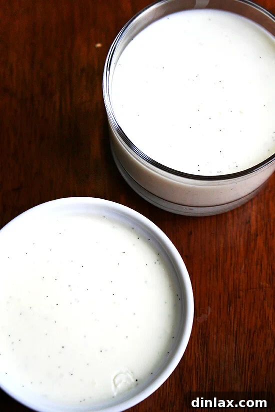 Freshly poured buttermilk panna cotta custard in a ramekin, ready for chilling.