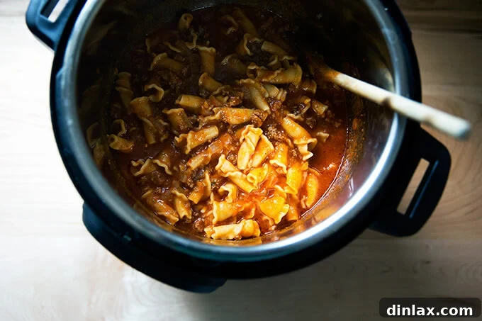 Effortless Instant Pot One Pot Pasta and Meat Sauce 7 The finished Instant Pot one-pan pasta and meat sauce, perfectly cooked and ready to serve from a single pot.