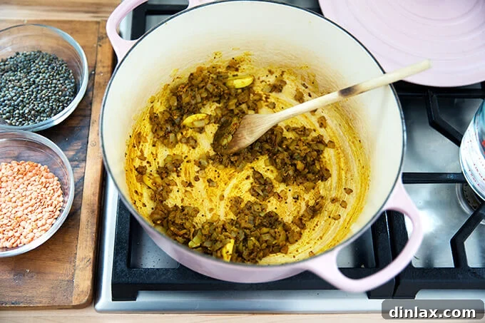 Creamy Coconut Kale Lentil Curry 7 Aromatic curry spices being added to the sautéed onions and garlic in a Dutch oven on the stovetop, filling the air with fragrance.