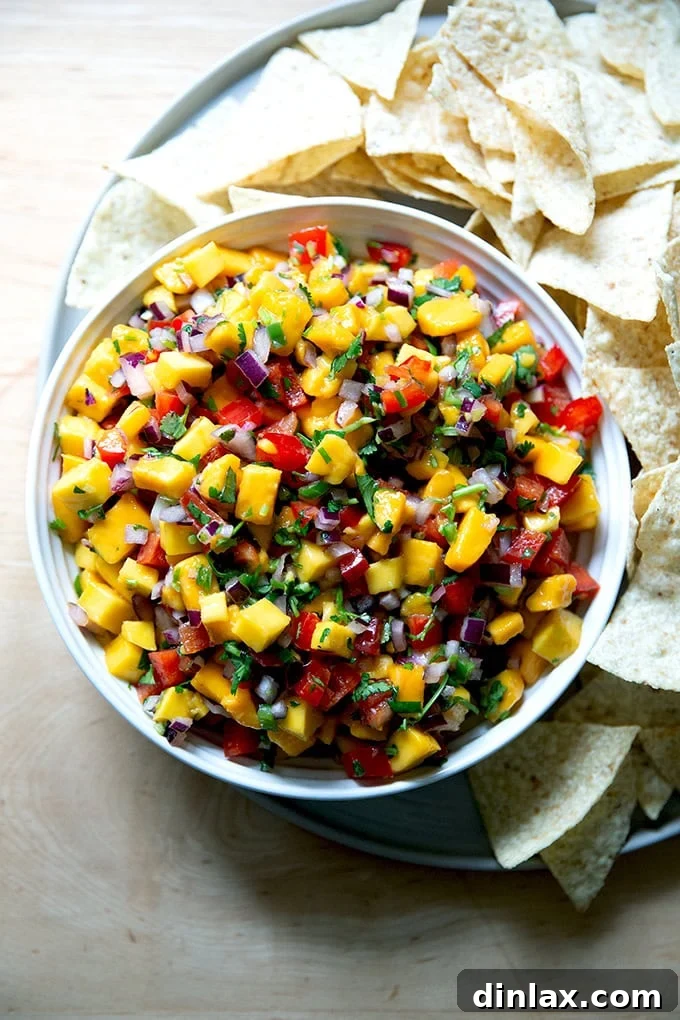 A perfectly arranged bowl of fresh mango salsa, featuring vibrant fruit and vegetables, placed next to a generous stack of crunchy tortilla chips for a delightful dipping experience.