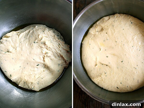 Rosemary Semolina Dough: Mixed and Risen Rosemary semolina dough immediately after mixing on the left, demonstrating its initial consistency, and the same dough on the right, visibly doubled in volume after the first rise, indicating successful yeast activation.