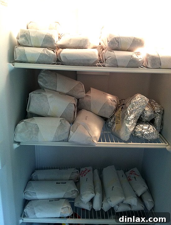 Free-standing freezer filled with wild game