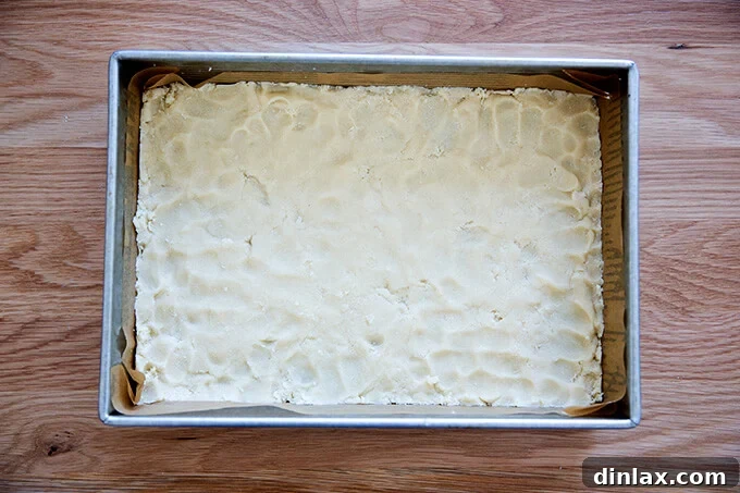 Pressing shortbread crust dough into a 9x13 inch USA Pan