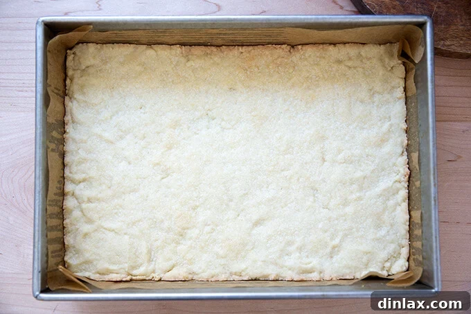 Lightly golden baked shortbread crust in pan