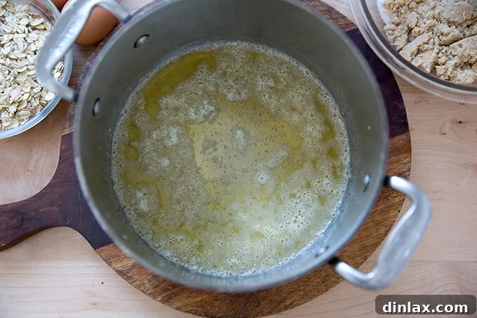 Brown butter melting in a saucepan for the topping