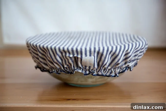 The Easiest Sourdough Focaccia: Perfect for Beginners 14 Sourdough focaccia dough rising in a bowl under a Dot and Army cloth bowl cover