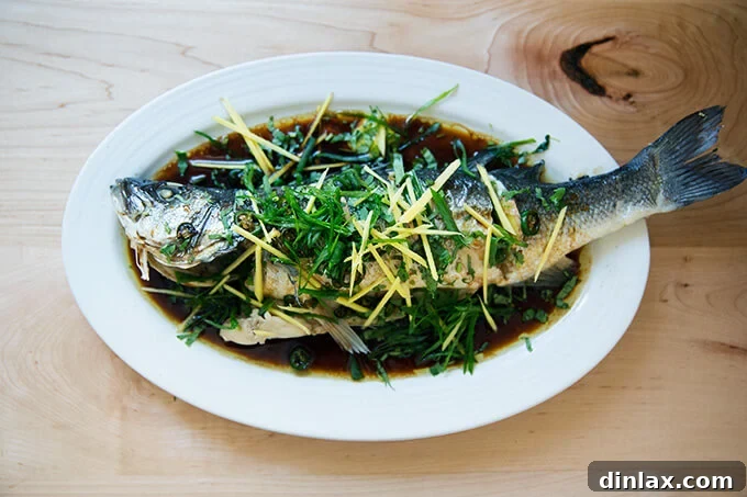 Ginger-Scallion Infused Steamed Whole Fish 16 Chinese-style whole Branzino beautifully garnished with fresh ginger, scallions, and cilantro.