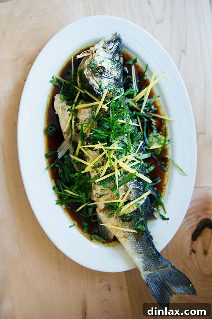 Ginger-Scallion Infused Steamed Whole Fish 17 Close-up of the exquisite Chinese-style whole Branzino with ginger, scallions, cilantro, and soy sauce, highlighting its restaurant-quality appearance and deliciousness.