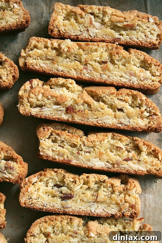 Vanilla-almond biscotti cooling on a sheet pan after their first bake.