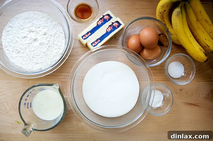 Mrs Myers Legendary Sweet Moist Banana Bread 3 A selection of fresh ingredients for making homemade banana bread.