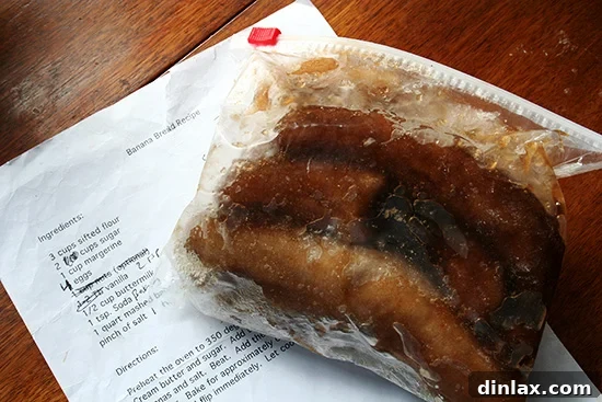 Mrs Myers Legendary Sweet Moist Banana Bread 4 Frozen bananas next to a handwritten recipe card, showing the humble origins of this cherished recipe.