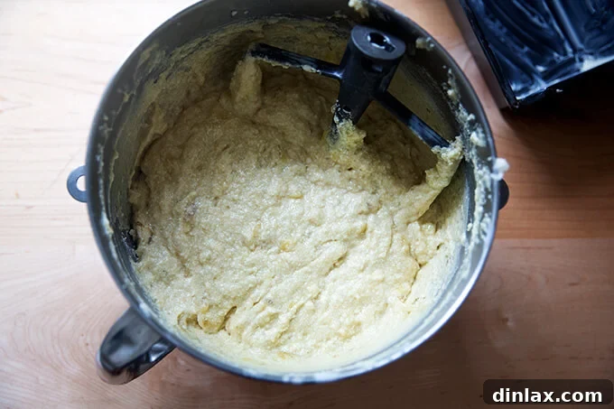 Mrs Myers Legendary Sweet Moist Banana Bread 6 A bowl of just-mixed banana bread batter, smooth and ready for the loaf pans.