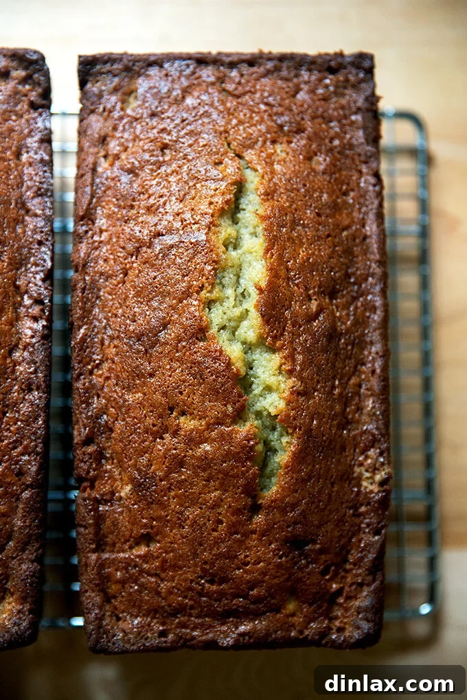 Mrs Myers Legendary Sweet Moist Banana Bread 9 Just-baked banana bread cooling on a wire rack, allowing air circulation for an even cool.