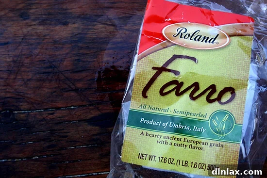A bag of Roland Semi-Pearled Farro, highlighted as a recommended ingredient for its quality and ease of use.
