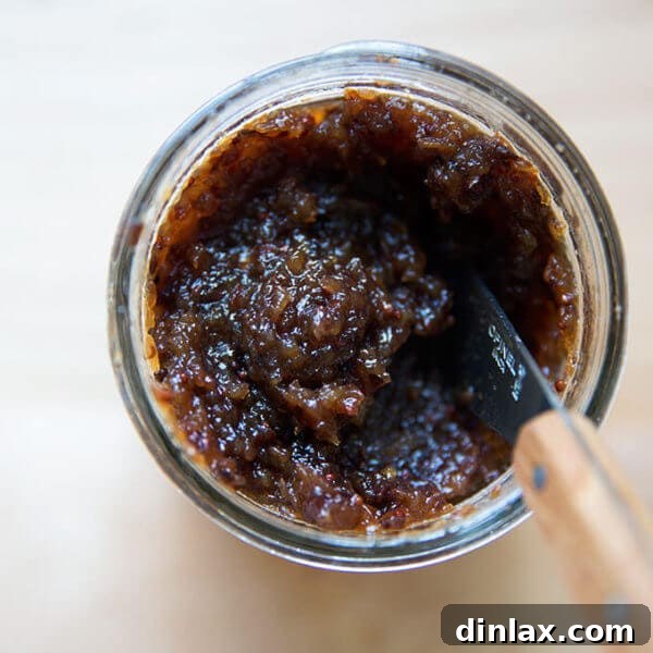 Homemade apple chutney, a sweet and spicy preserve, in a glass mason jar