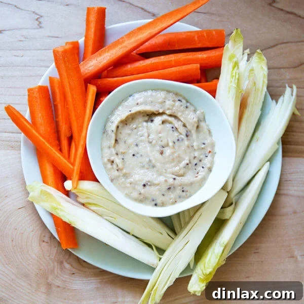 Creamy White Bean Dip with Zesty Chutney, served with Endive and Carrots