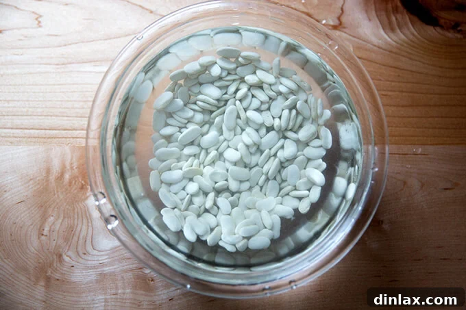 White beans soaking overnight for optimal texture