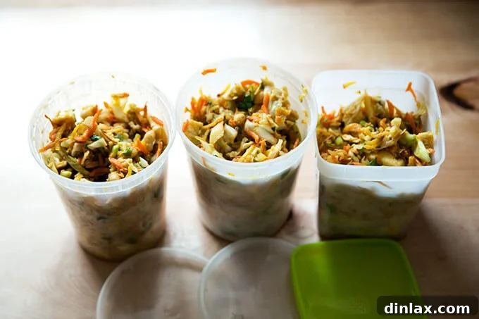 Chopped Thai cabbage salad satay, perfectly packed into meal prep containers for convenient grab-and-go healthy lunches.