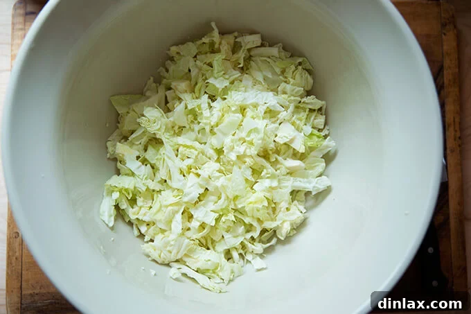 A bowl of finely shredded green cabbage being tossed with kosher salt, demonstrating the tenderizing massage technique.