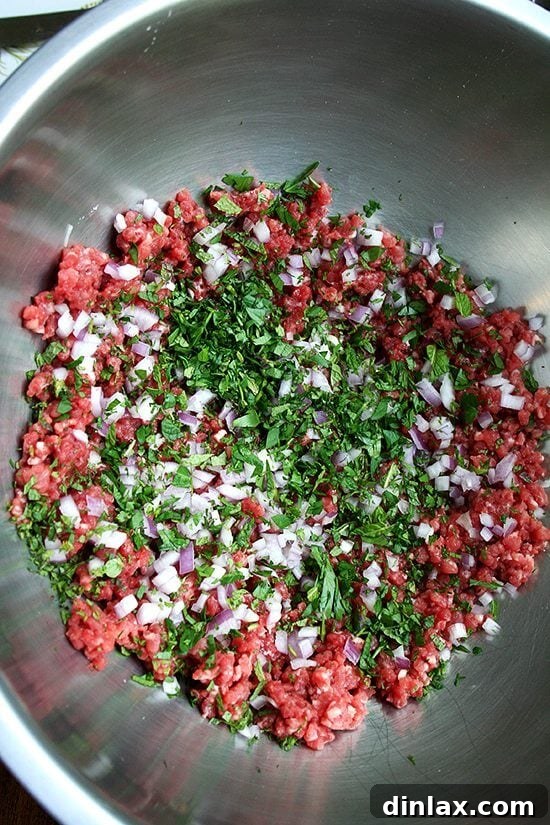 Mixed lamb meatball ingredients A large bowl containing all the mixed ingredients for lamb meatballs: ground lamb, herbs, onions, and bread mixture.